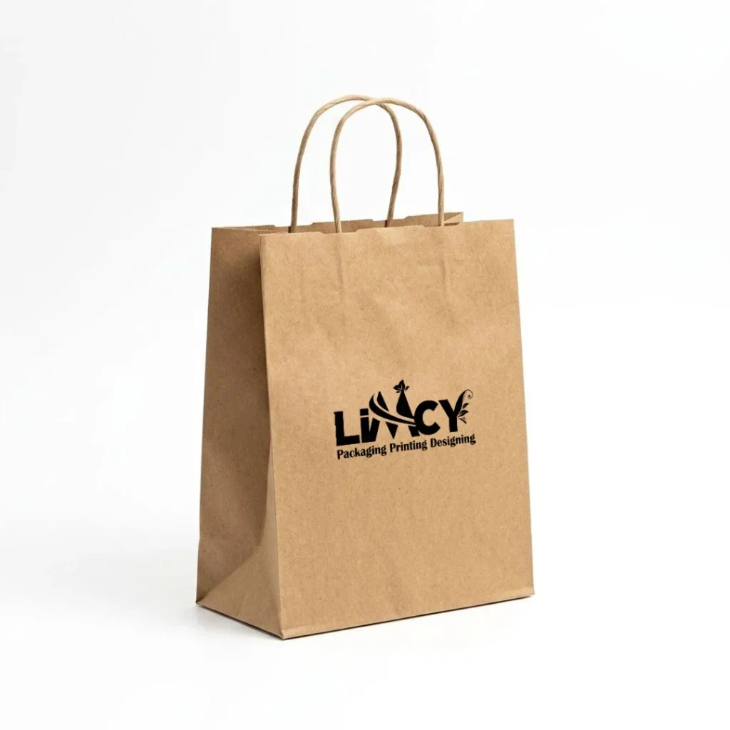 Kraft paper shopping bag for sustainable clothing packaging and retail apparel brands.