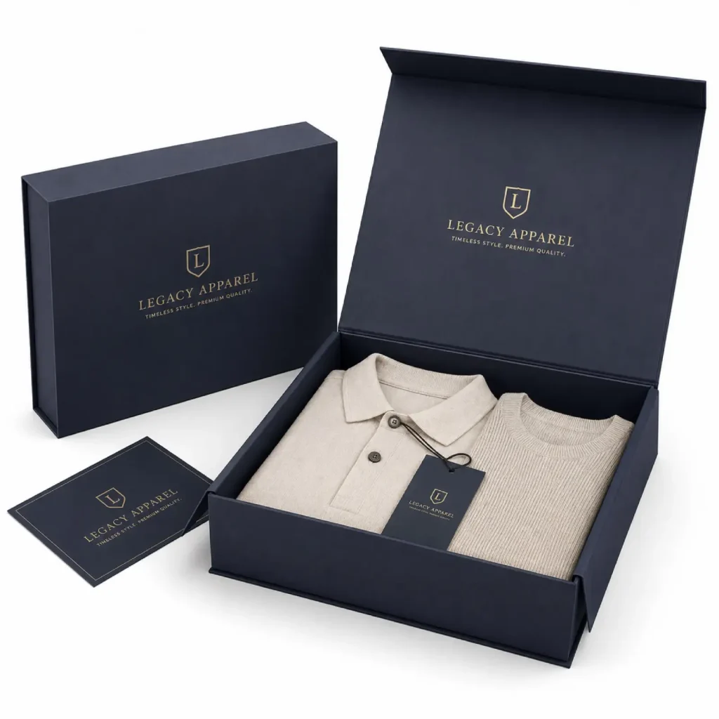 Luxury rigid apparel box showcasing premium apparel packaging and elegant presentation.