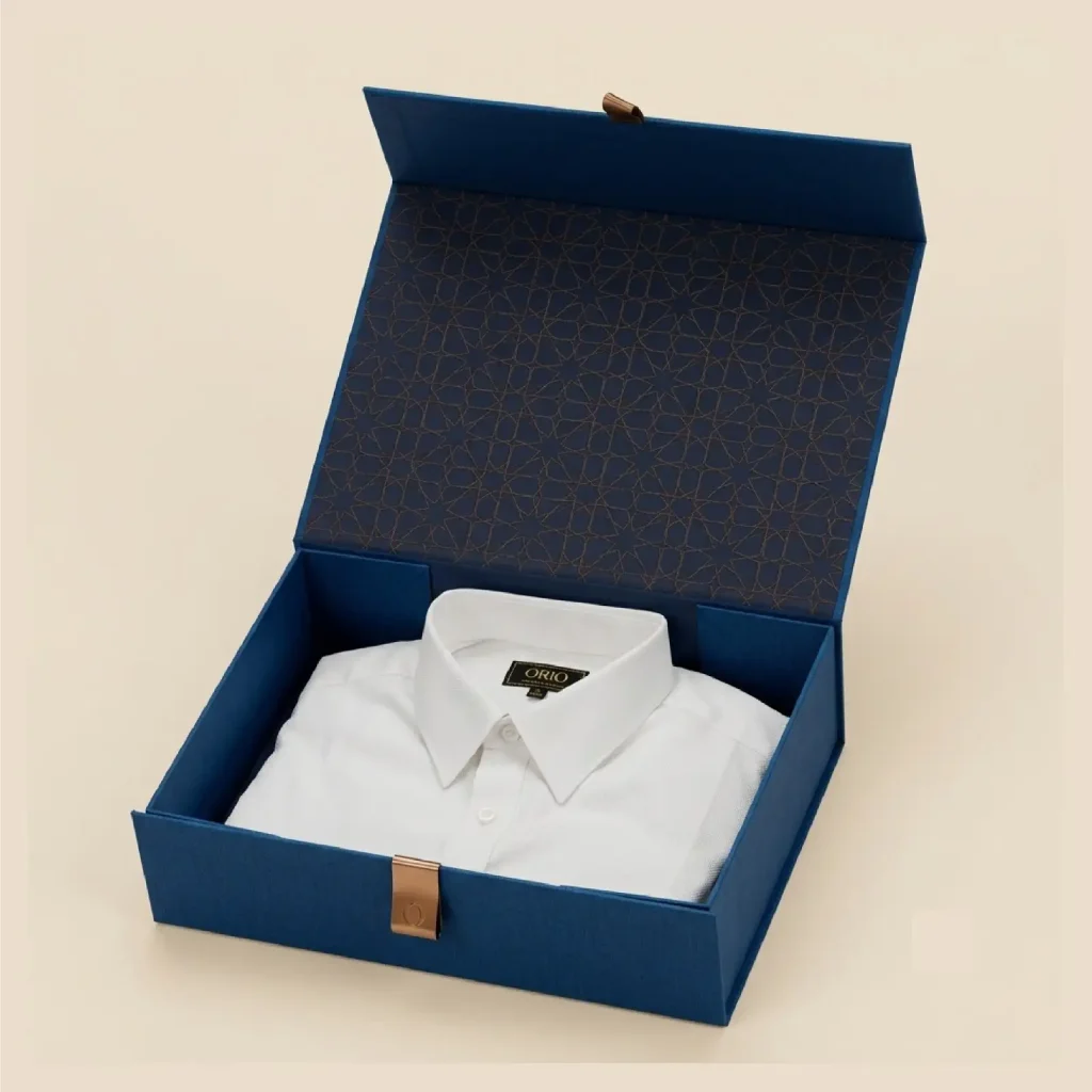 Luxury custom apparel box with magnetic closure packaging for premium clothing brands.