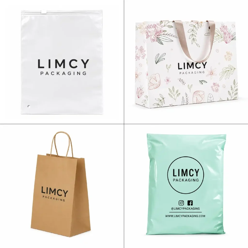 Different types of apparel packaging bags including zipper, paper, tote, and poly bags.