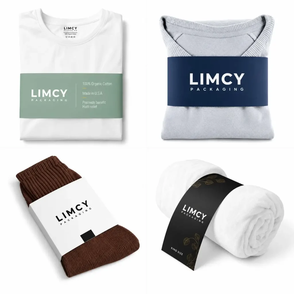 Belly band packaging sizes for apparels with custom packaging sleeves for folded garments.