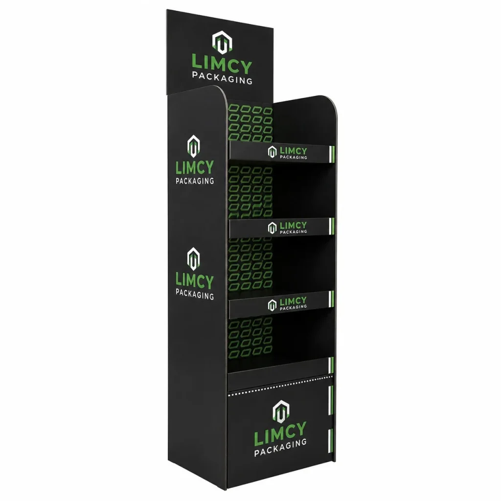 Black custom floor display box for clothing with multiple shelves for apparel retail displays and branded merchandising.