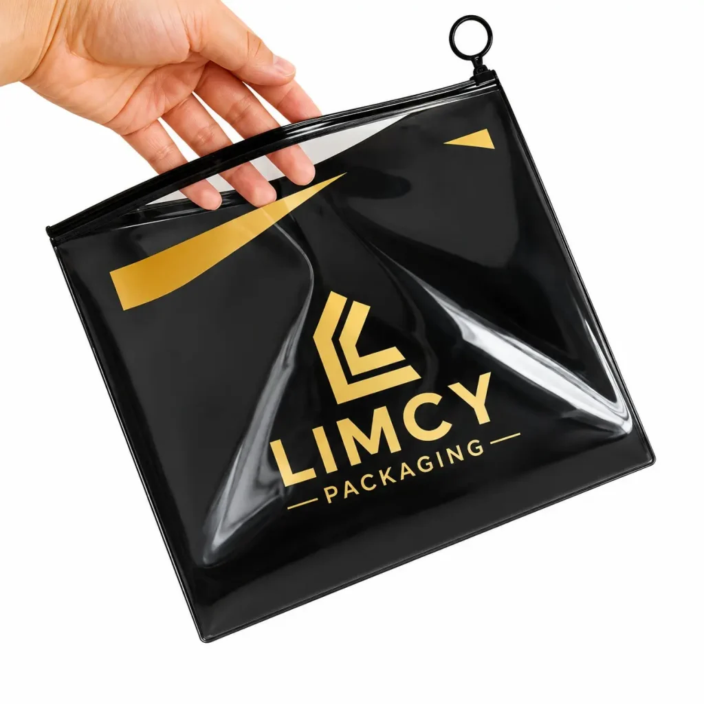 Black glossy custom ziplock bag with logo for apparel packaging featuring premium branded fashion packaging design.