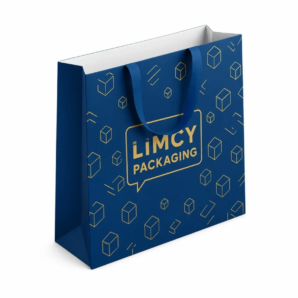 Blue custom printed paper bag for apparel and retail packaging.