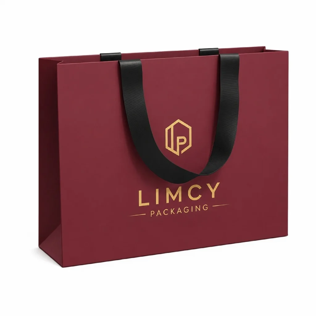 Luxury burgundy custom paper bag with ribbon handles for apparel packaging.