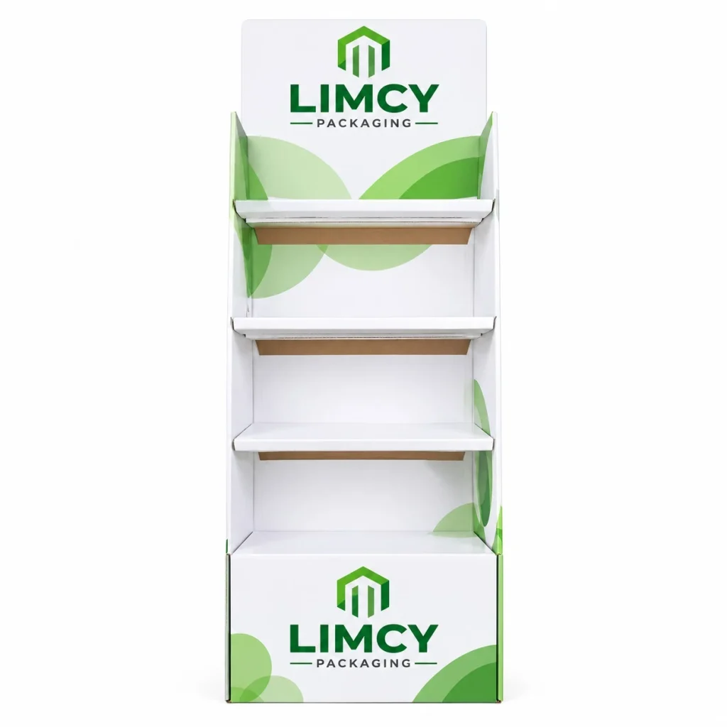 White corrugated floor display box for apparel with custom branding and multiple retail shelves.