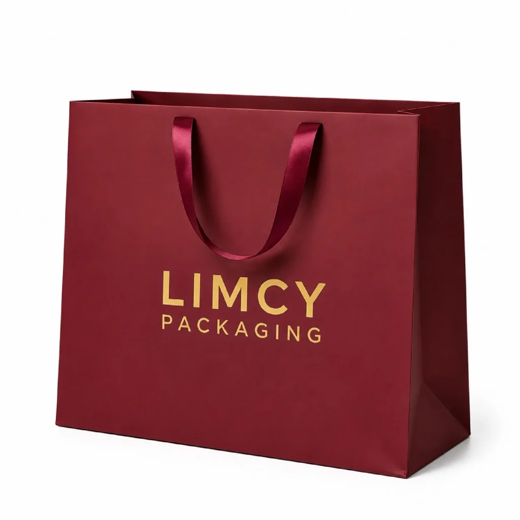 Custom paper apparel shopping bag with logo for retail clothing packaging and branding.