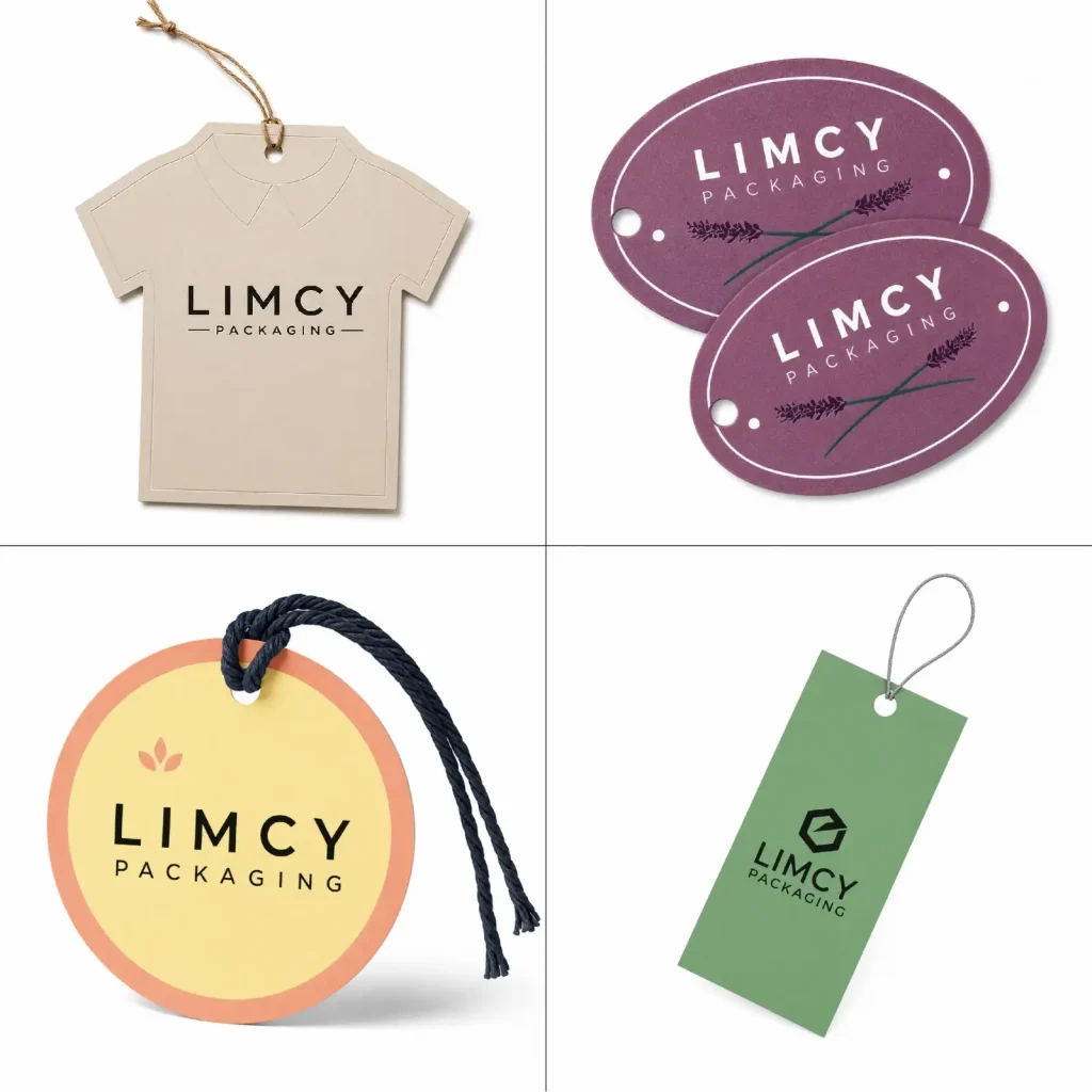 Custom hang tags for apparel in different shapes and sizes for clothing branding and retail packaging.