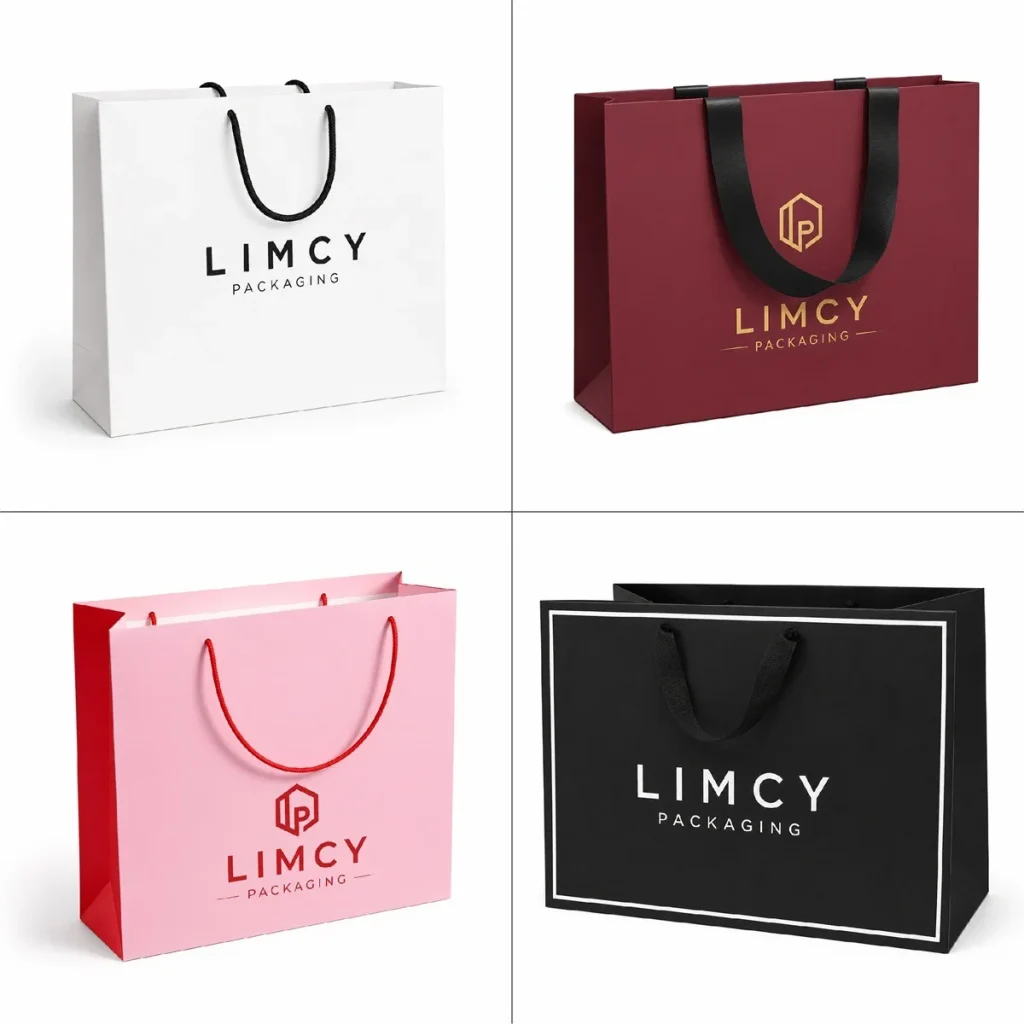 Custom paper bags for clothing packaging in multiple colors and premium styles.
