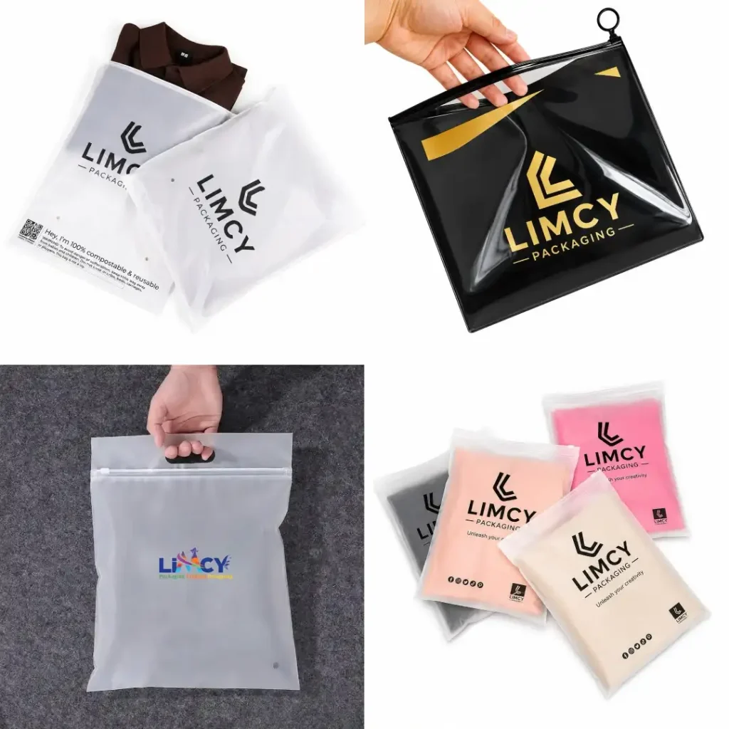 Custom ziplock bags for apparel packaging showing different branded styles for clothing brands and ecommerce use.
