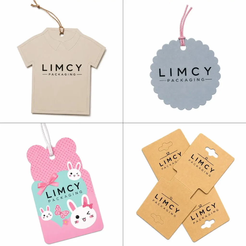 Custom die cut hang tags for clothing with unique shapes for premium apparel branding
