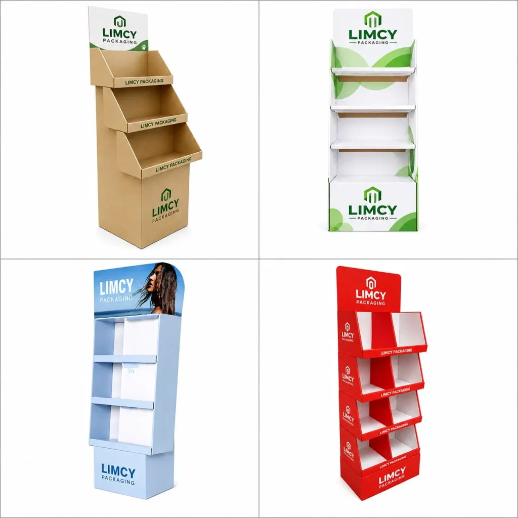 Custom floor display boxes for clothing in various cardboard and corrugated designs for apparel retail stores.