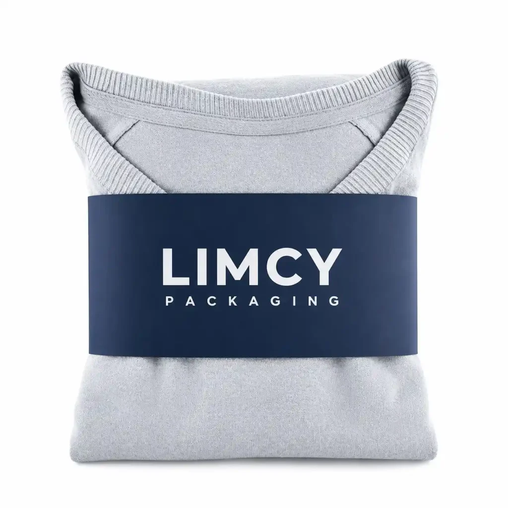 Branded belly band wrapped around a folded hoodie for apparel packaging.
