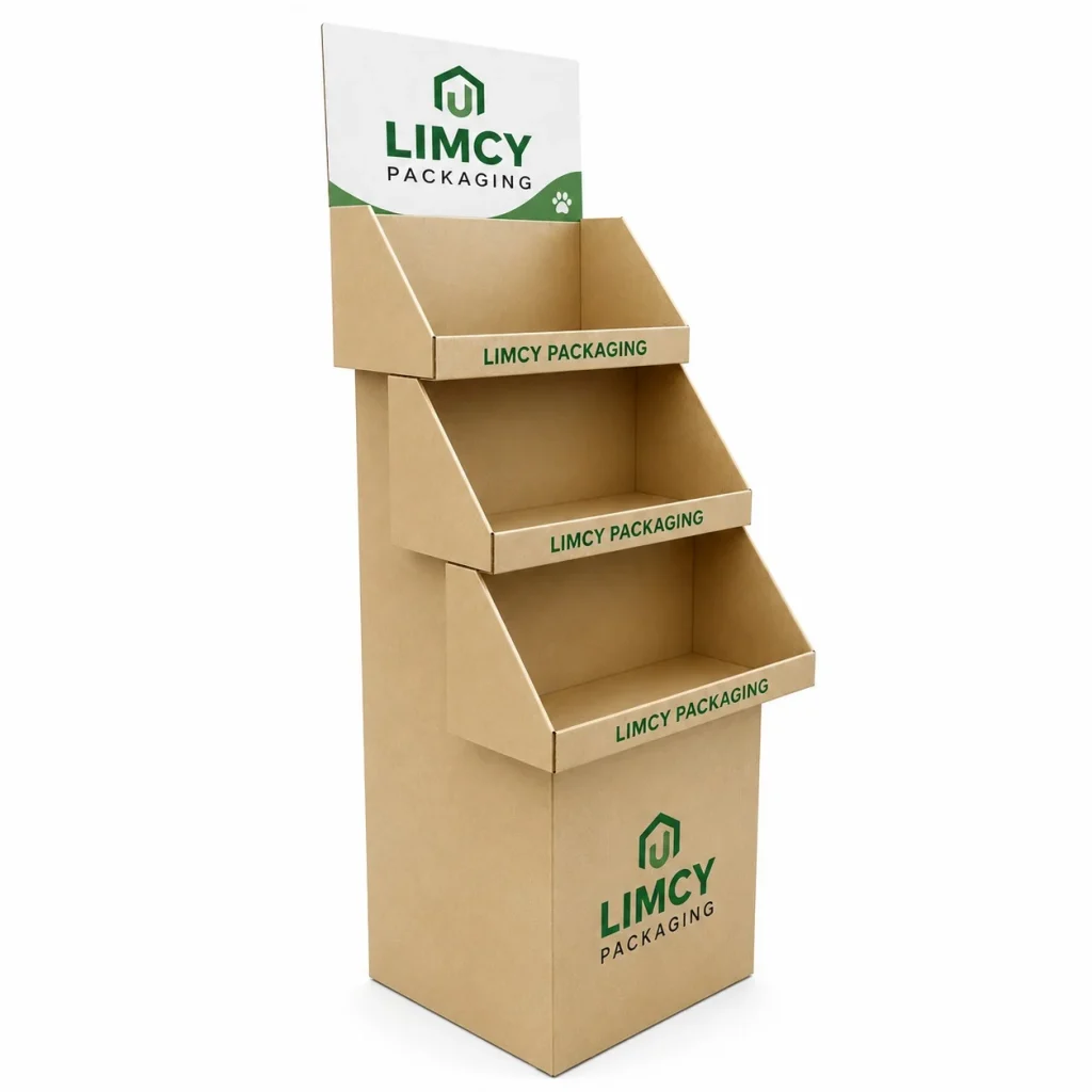 Kraft floor display box for clothing with three shelves for apparel and retail product displays.