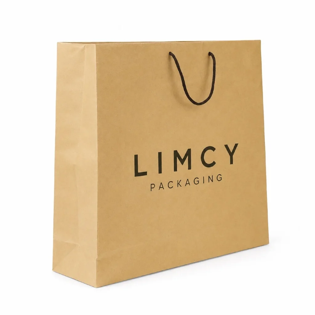 Kraft paper shopping bag with rope handles for clothing packaging.