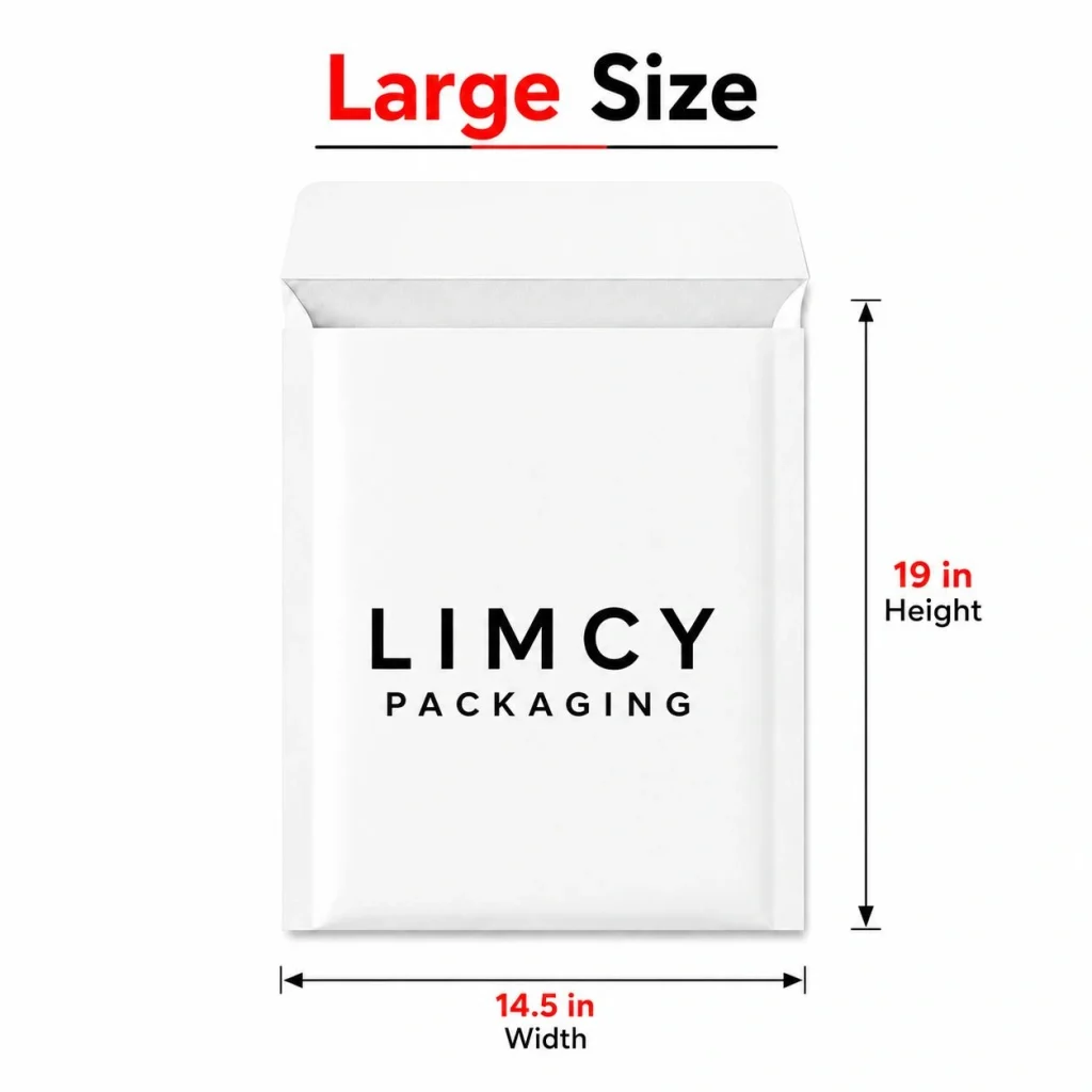 Large paper mailer bag measuring 14.5 x 19 inches for shipping hoodies, jeans, sweatshirts, and multiple clothing items.
