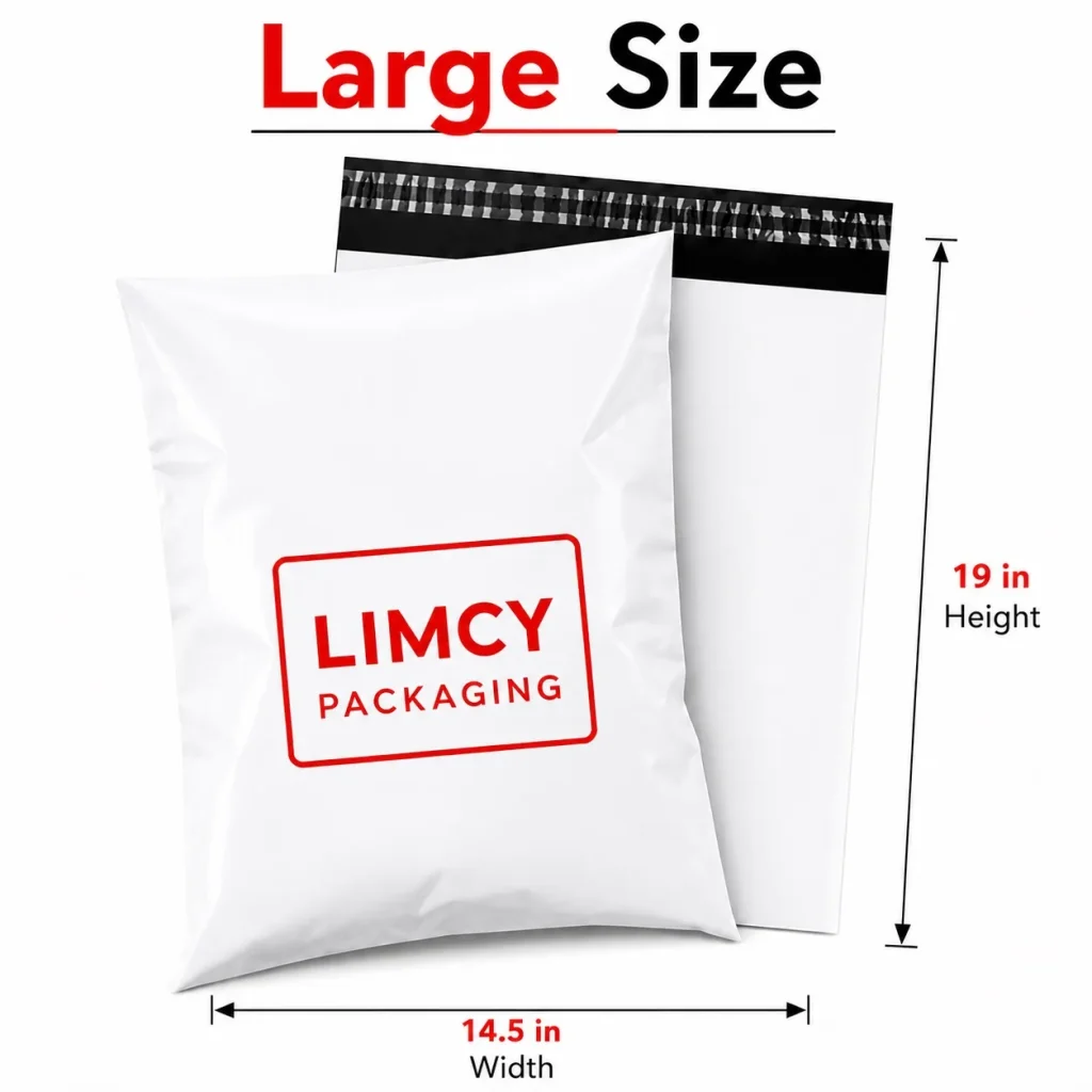 Large 14.5 × 19 inch poly mailer bag for hoodies, jeans, and multiple clothing items.
