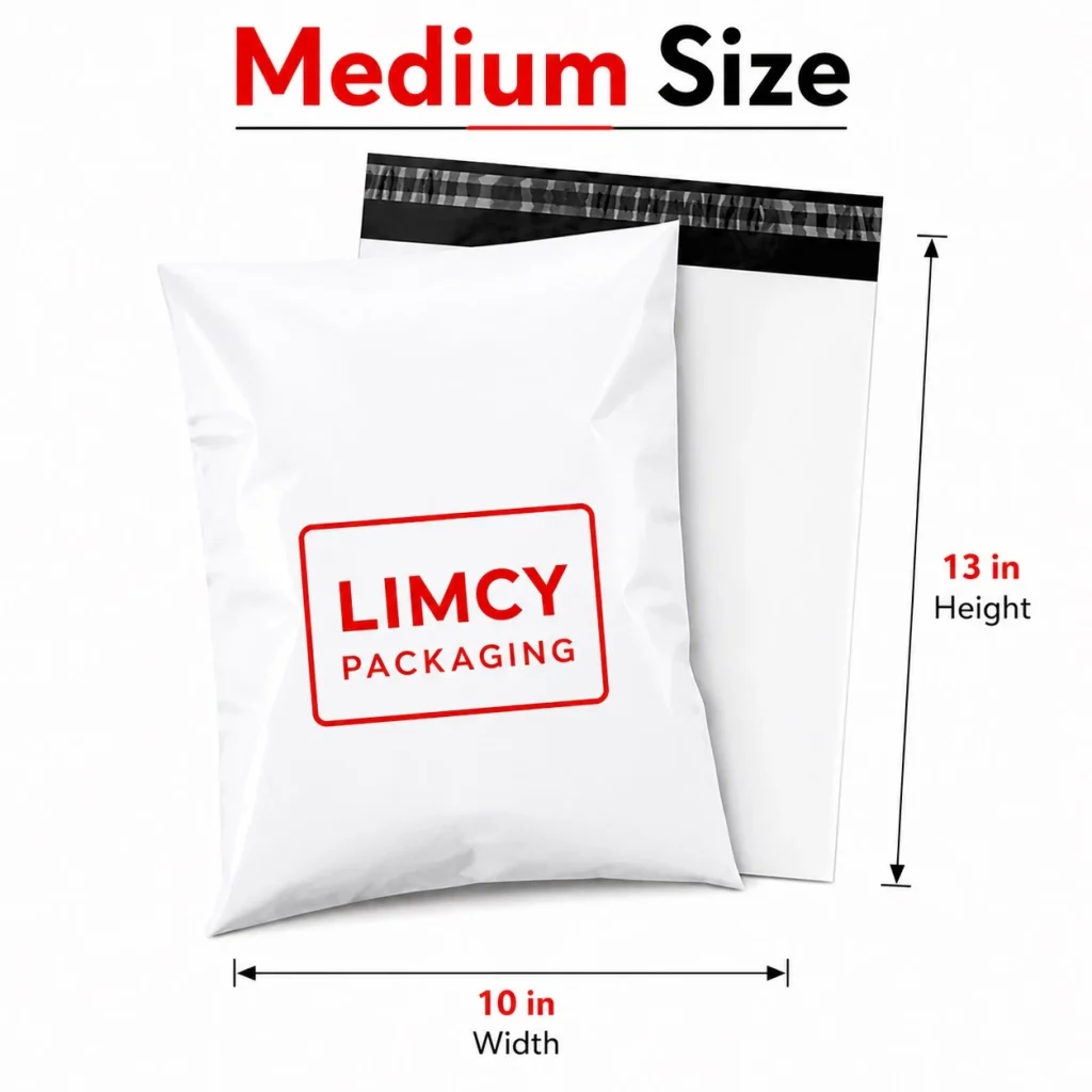 Medium 10 × 13 inch poly mailer bag for T-shirts, books, and lightweight products.