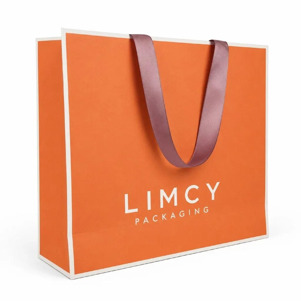 Orange custom paper bag with ribbon handles for fashion packaging.