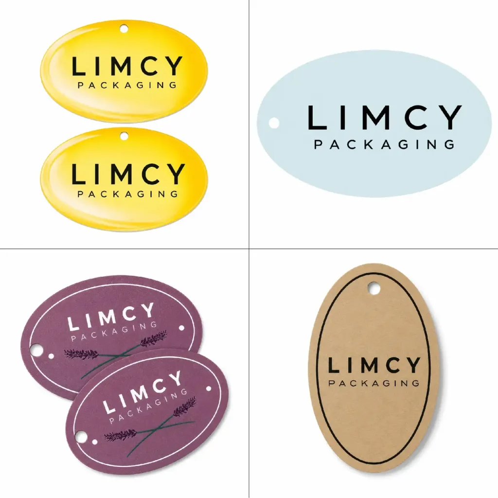 Oval shaped hang tags for apparel with premium custom printing for fashion brands