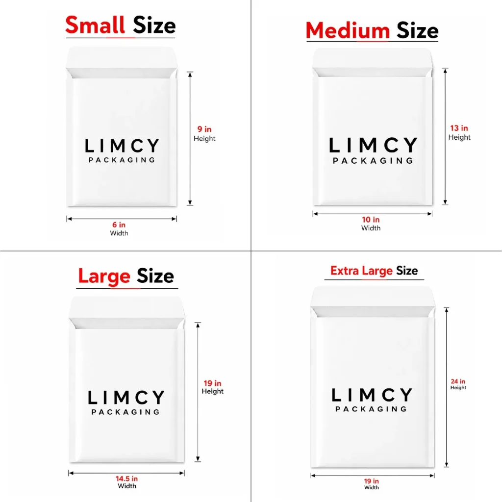 Paper Mailer Bags size guide showing small (6×9), medium (10×13), large (14.5×19), and extra large (19×24) mailer bags for garments shipping.