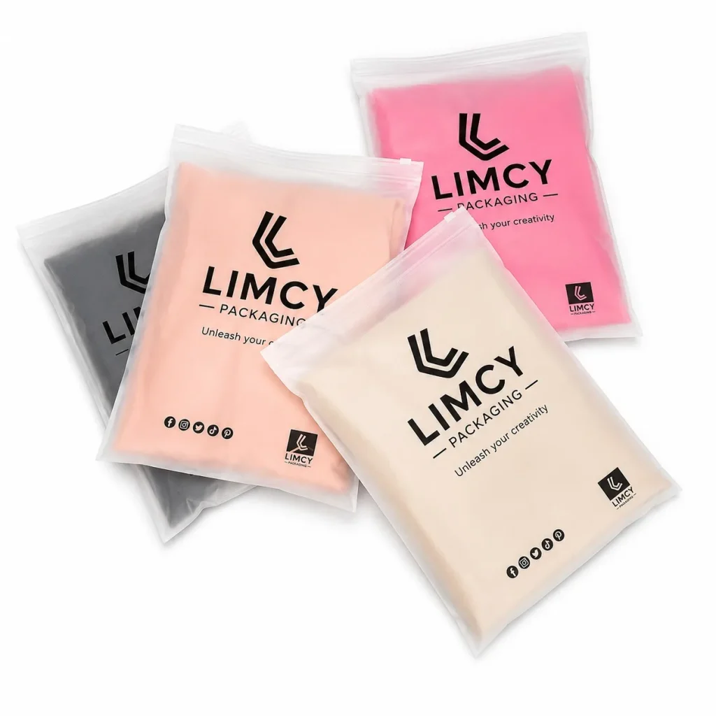 Pastel colored custom ziplock bags for clothes packaging with branded designs for modern fashion brands.