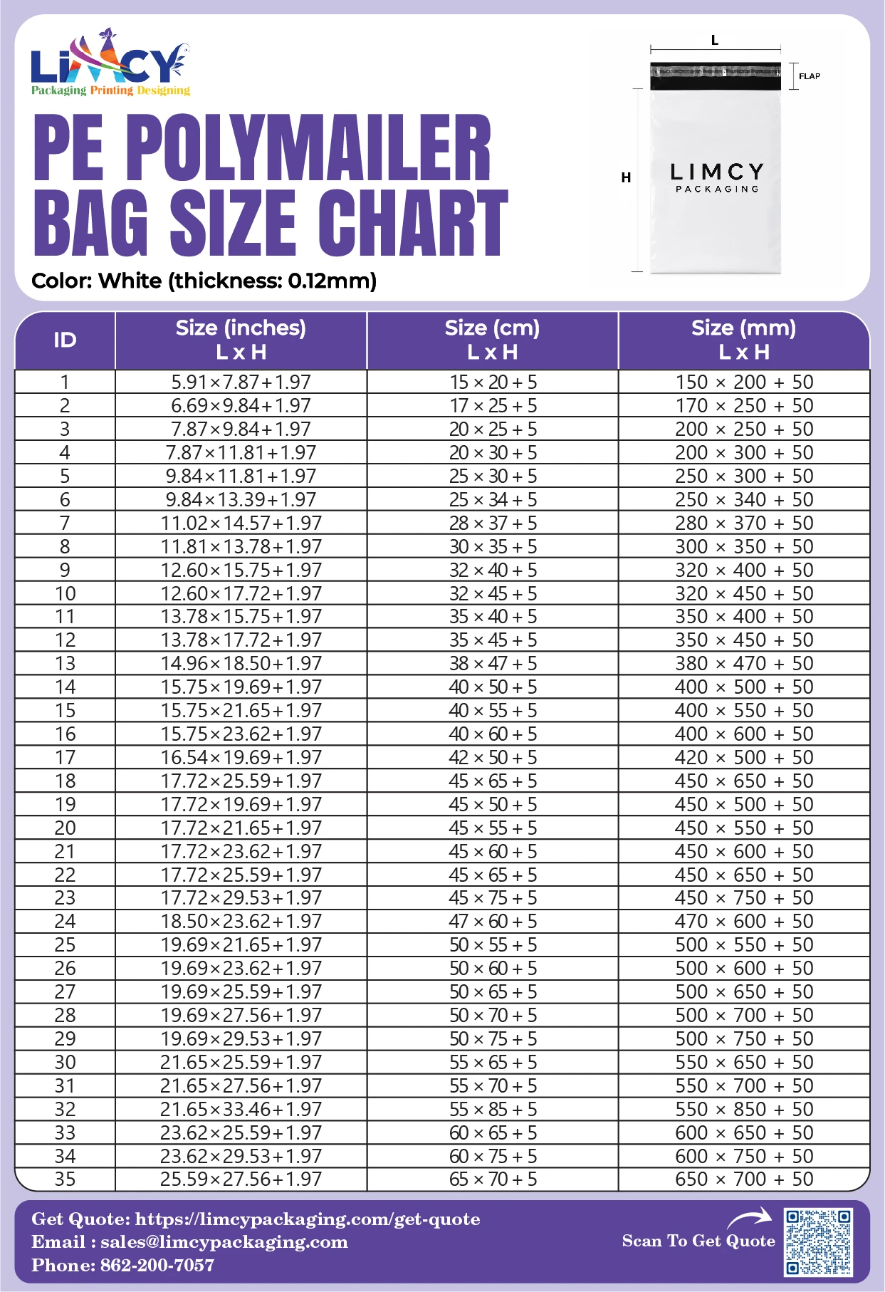 Poly Mailer Bags Size Chart White