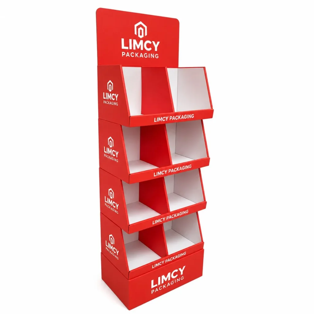Retail floor display box for clothes with custom printed branding for apparel promotions and in-store merchandising.