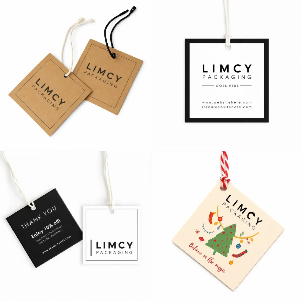 Square hang tags for apparel with custom printing for clothing brands and fashion packaging