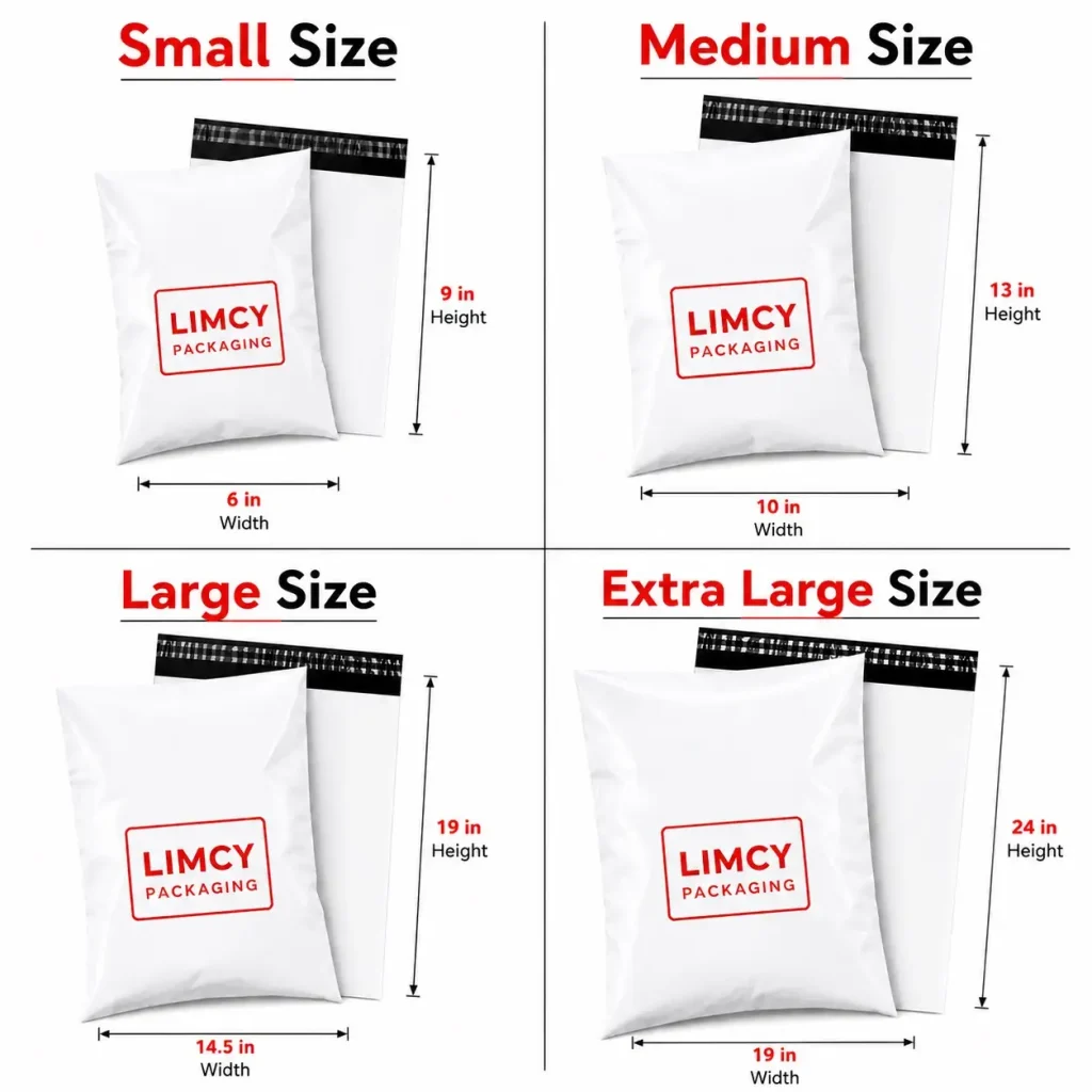 Standard poly mailer bag sizes from small to XL with dimensions for e-commerce shipping.