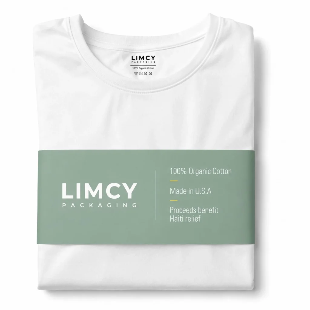 Custom belly band packaging for a folded T-shirt with branded apparel sleeve.