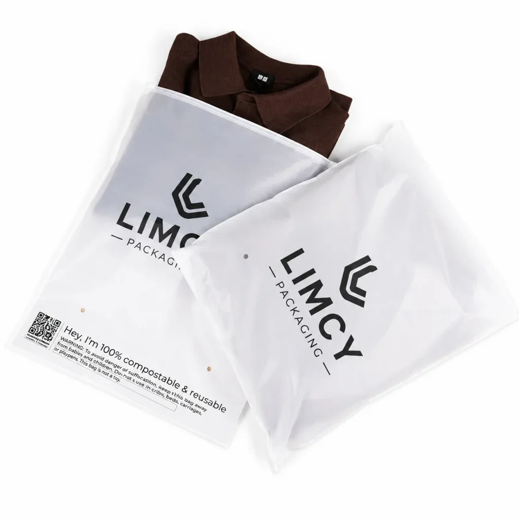 White compostable custom ziplock bags for clothing packaging with branded logo and folded apparel inside.
