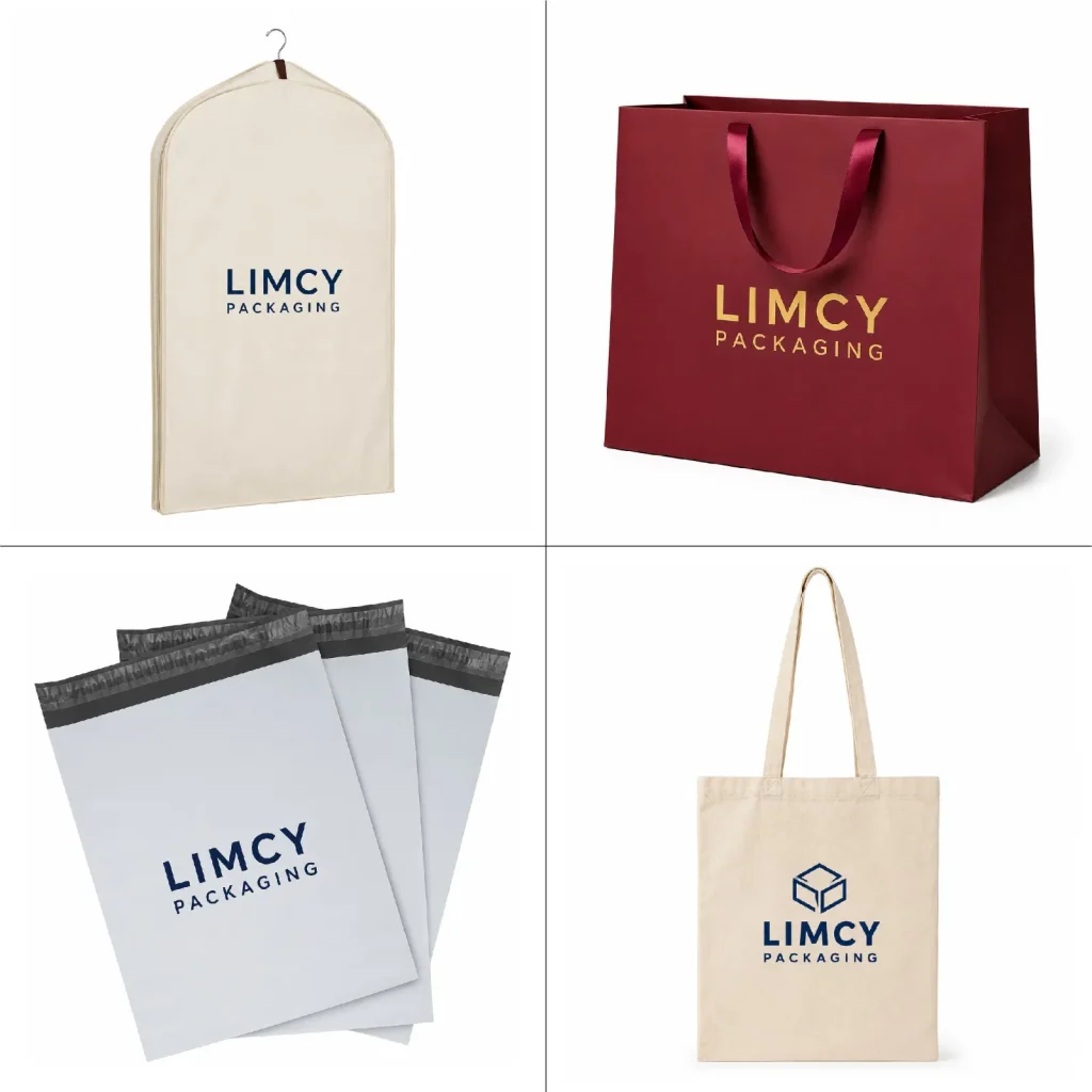 Wholesale apparel bags including garment bags, paper shopping bags, poly mailers, and tote bags for clothing packaging.