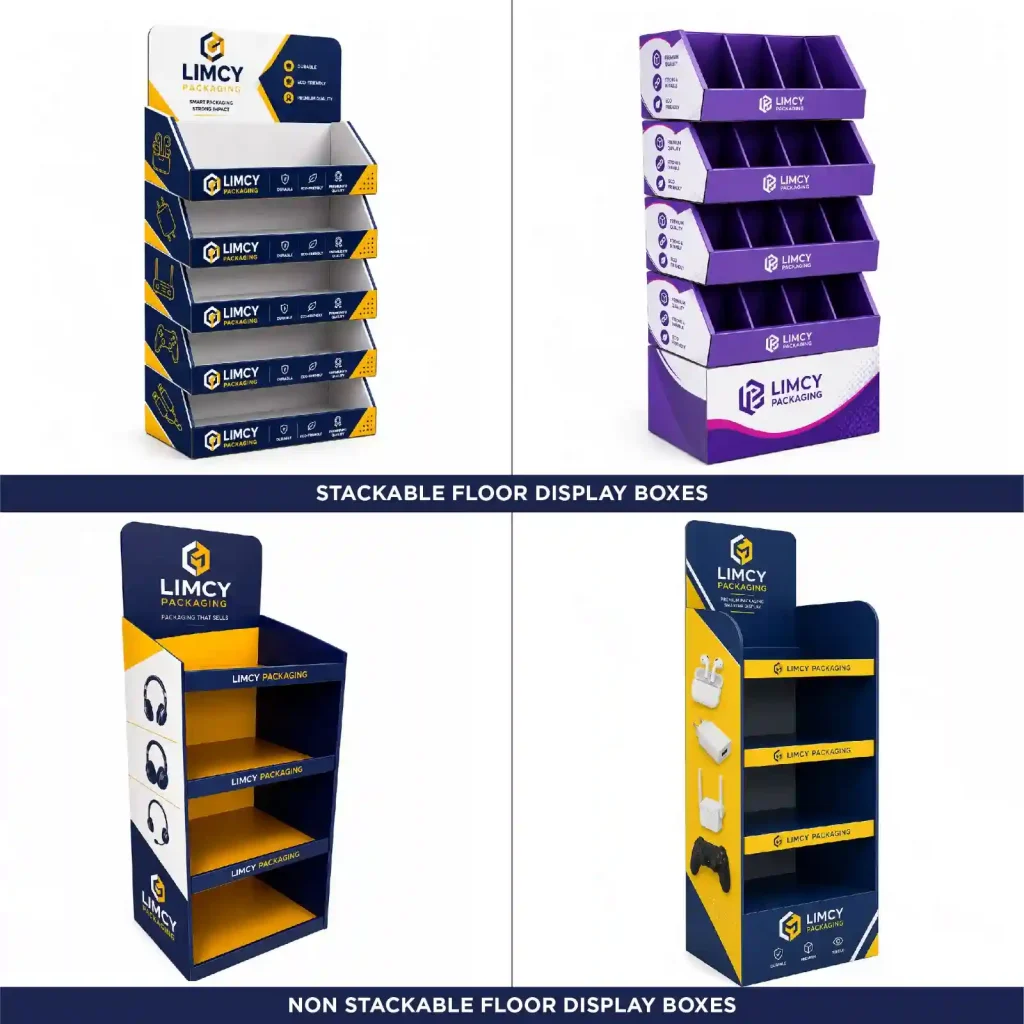 Stackable vs non-stackable corrugated display racks for retail.