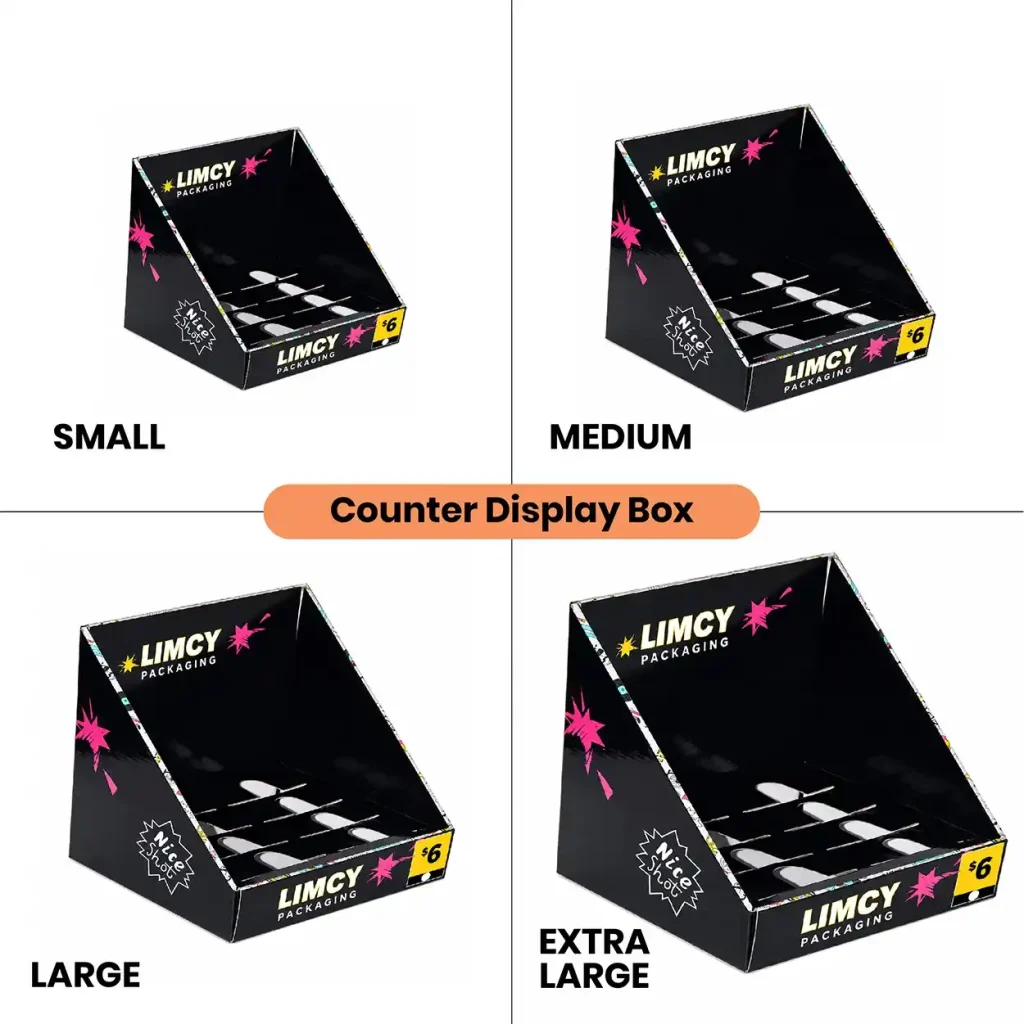 Counter display box sizes comparison from small to XL by Limcy Packaging