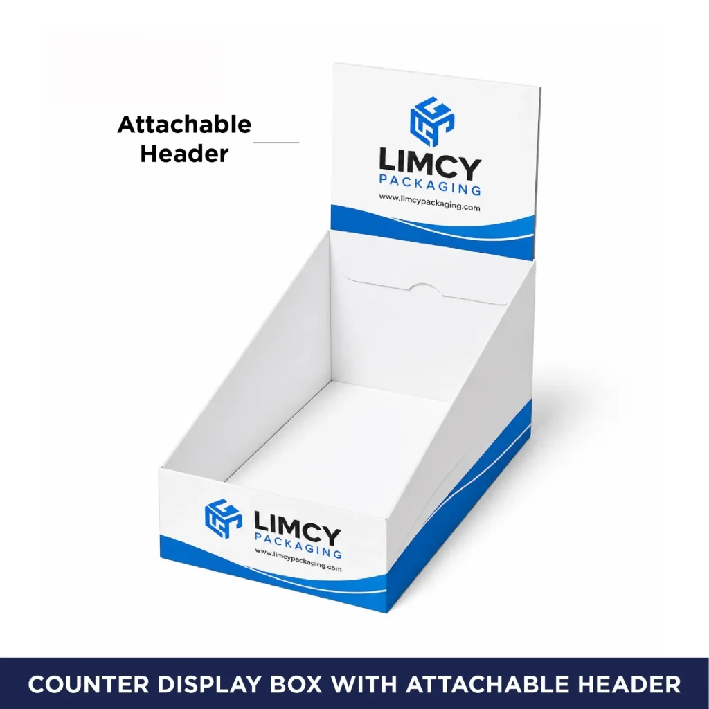 White and blue counter display box with attachable Limcy Packaging header card