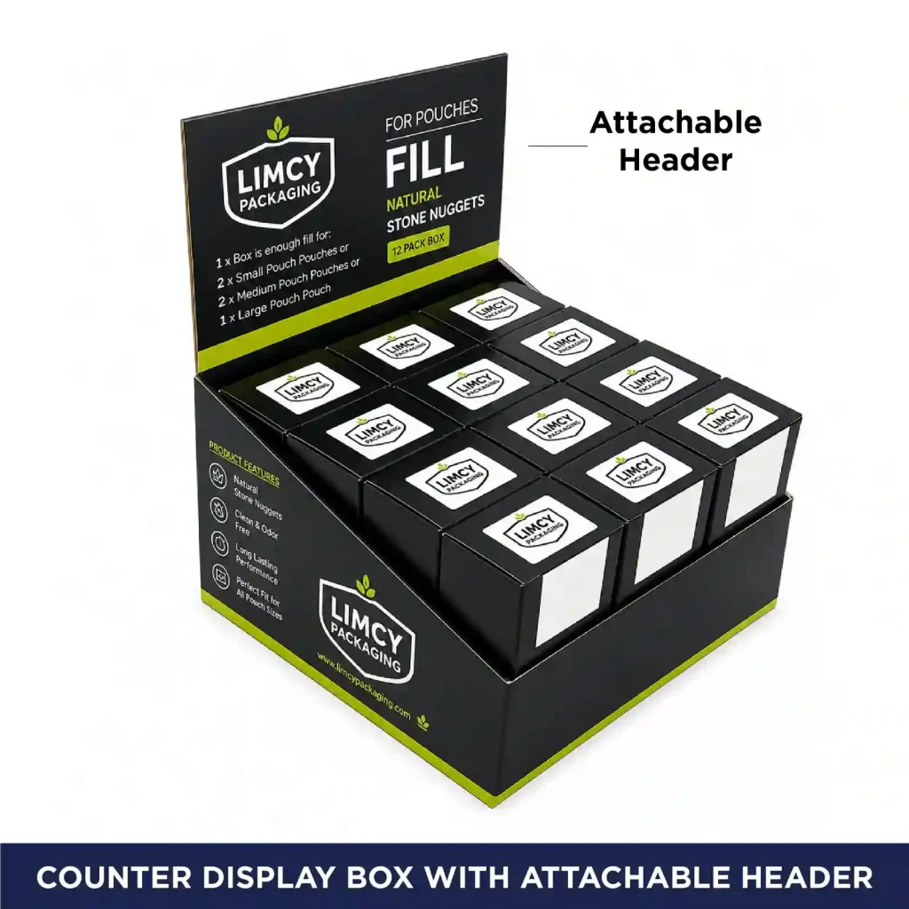 Black tiered floor display box with attachable Limcy Packaging header card