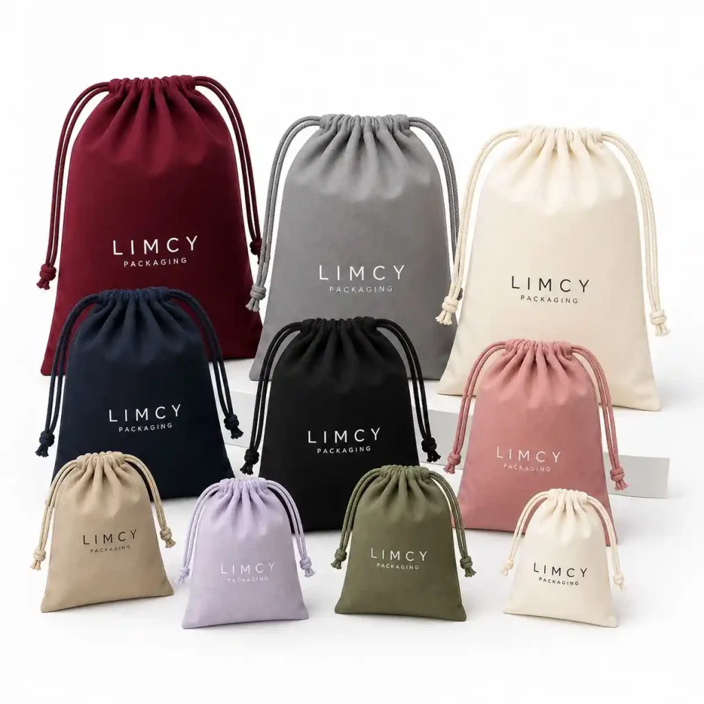 Custom velvet drawstring pouches in multiple colors with logo branding from Limcy Packaging
