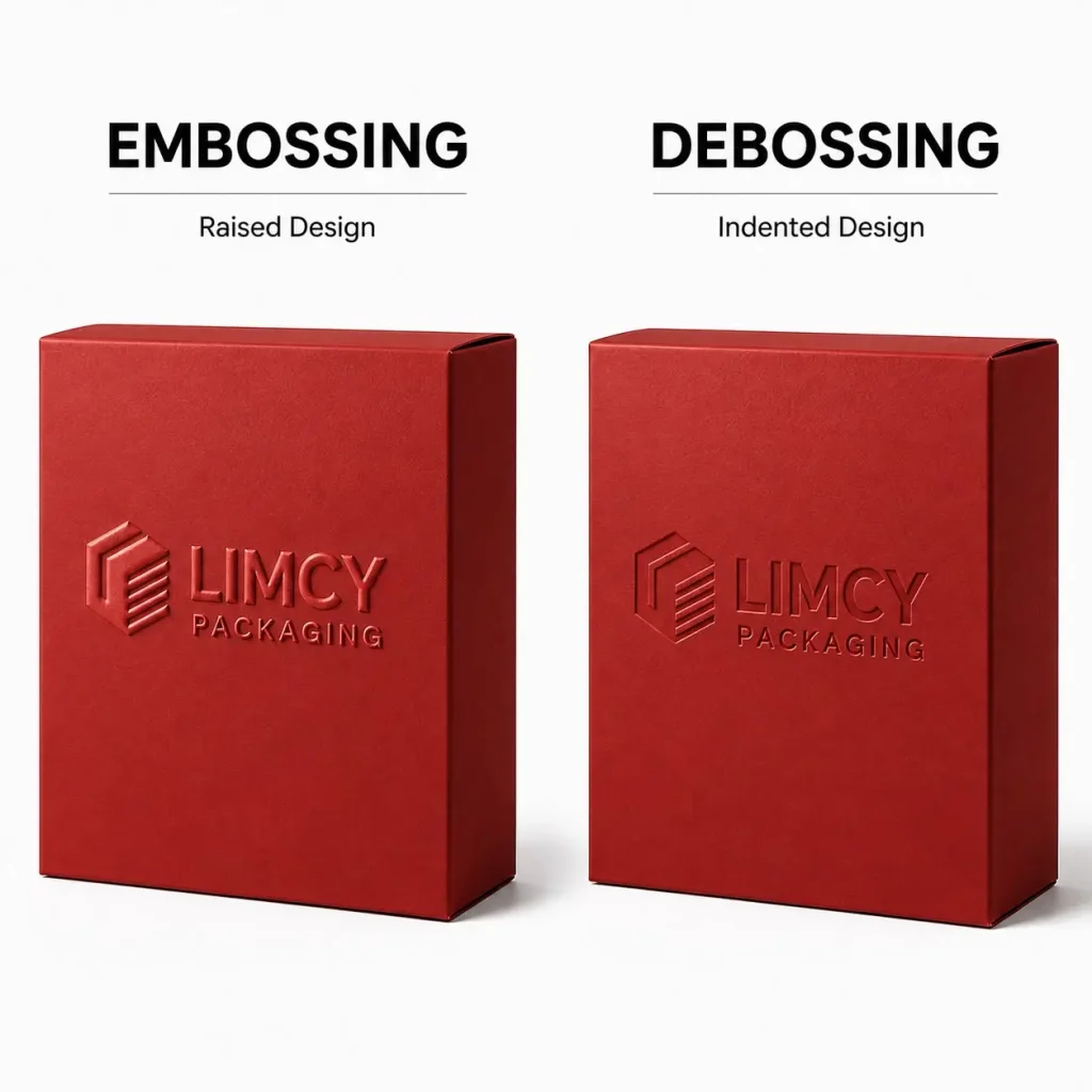Custom packaging boxes finished with a raised embossed logo and an indented debossed logo