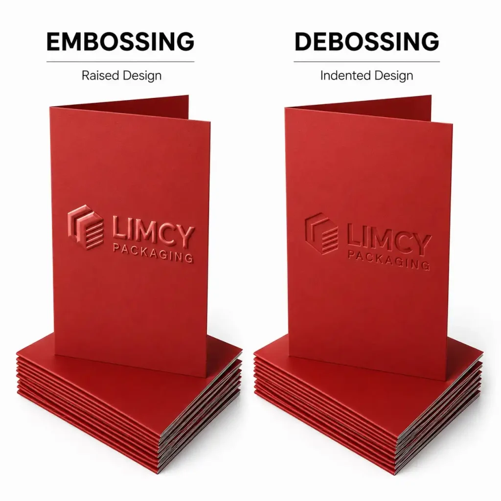 Raised and indented logo finish compared on folded red packaging cards
