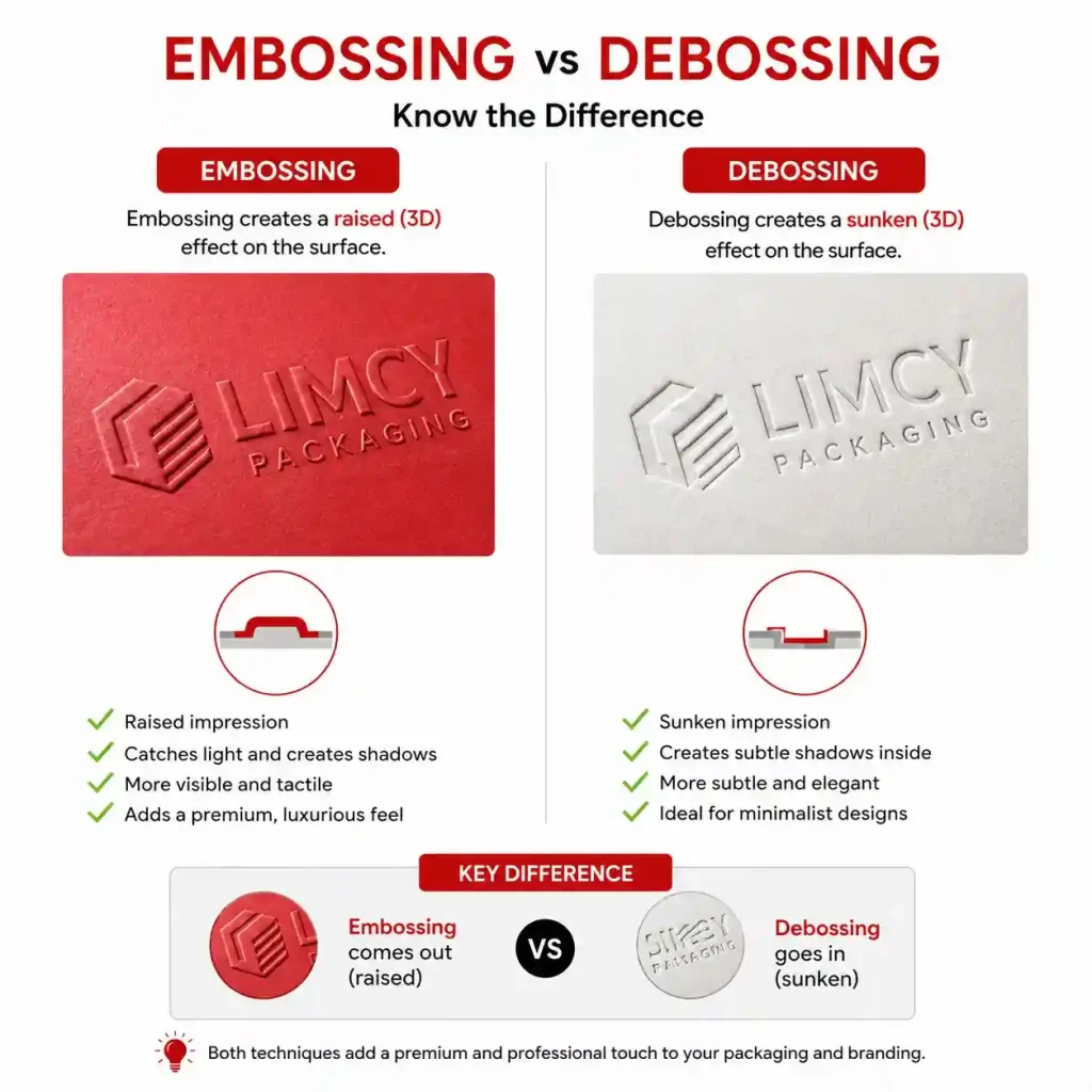 Embossing vs debossing comparison infographic showing raised and sunken logo effects on packaging