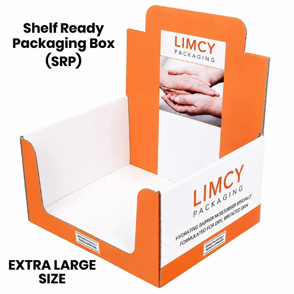 Extra-large orange and white shelf-ready display box with a raised product header