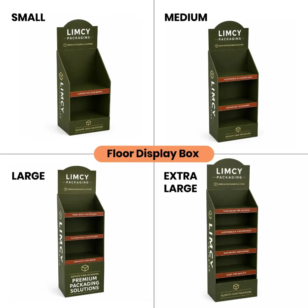 Floor display box sizes comparison — small, medium, large, and XL retail display stands
