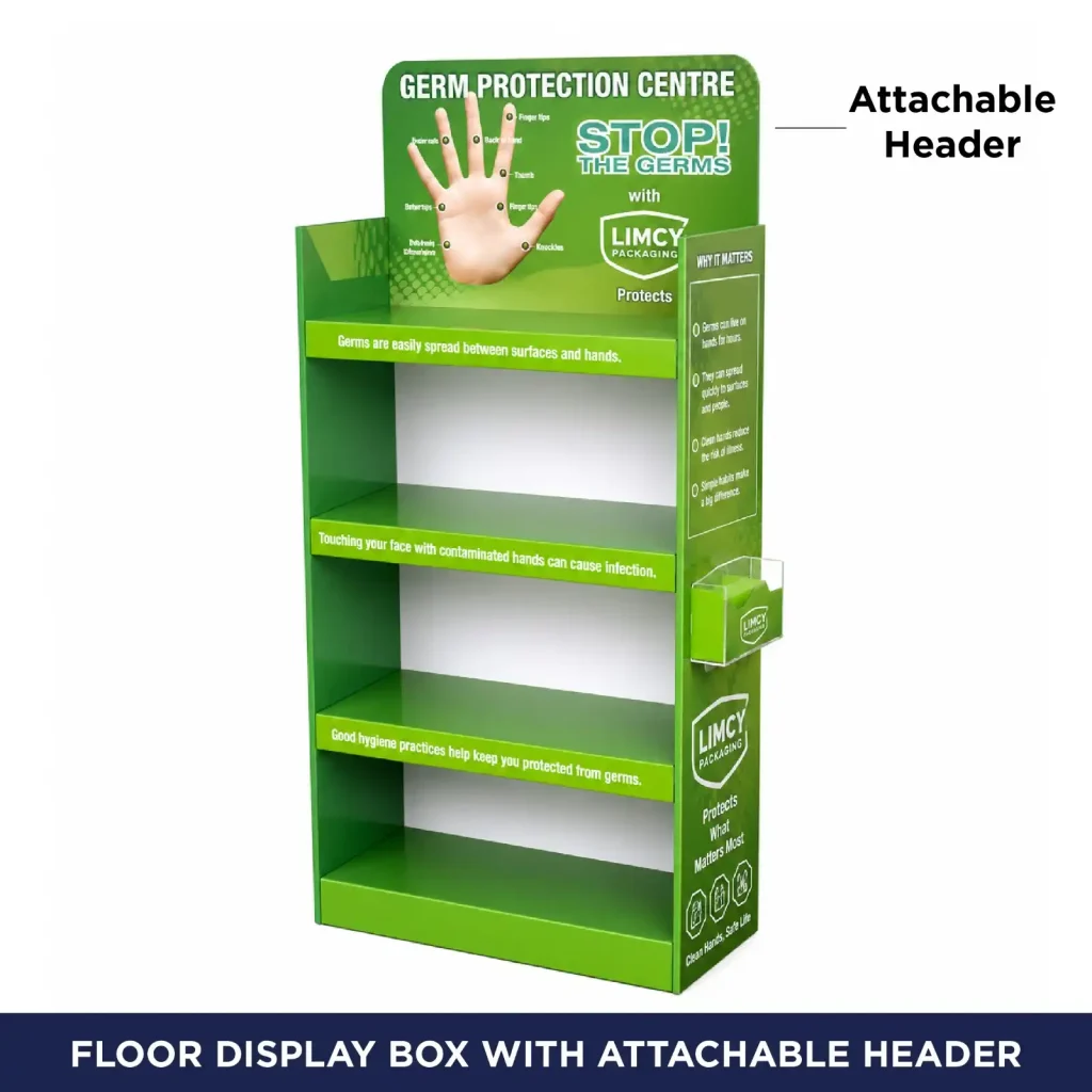 Floor display box with attachable header card for germ protection products
