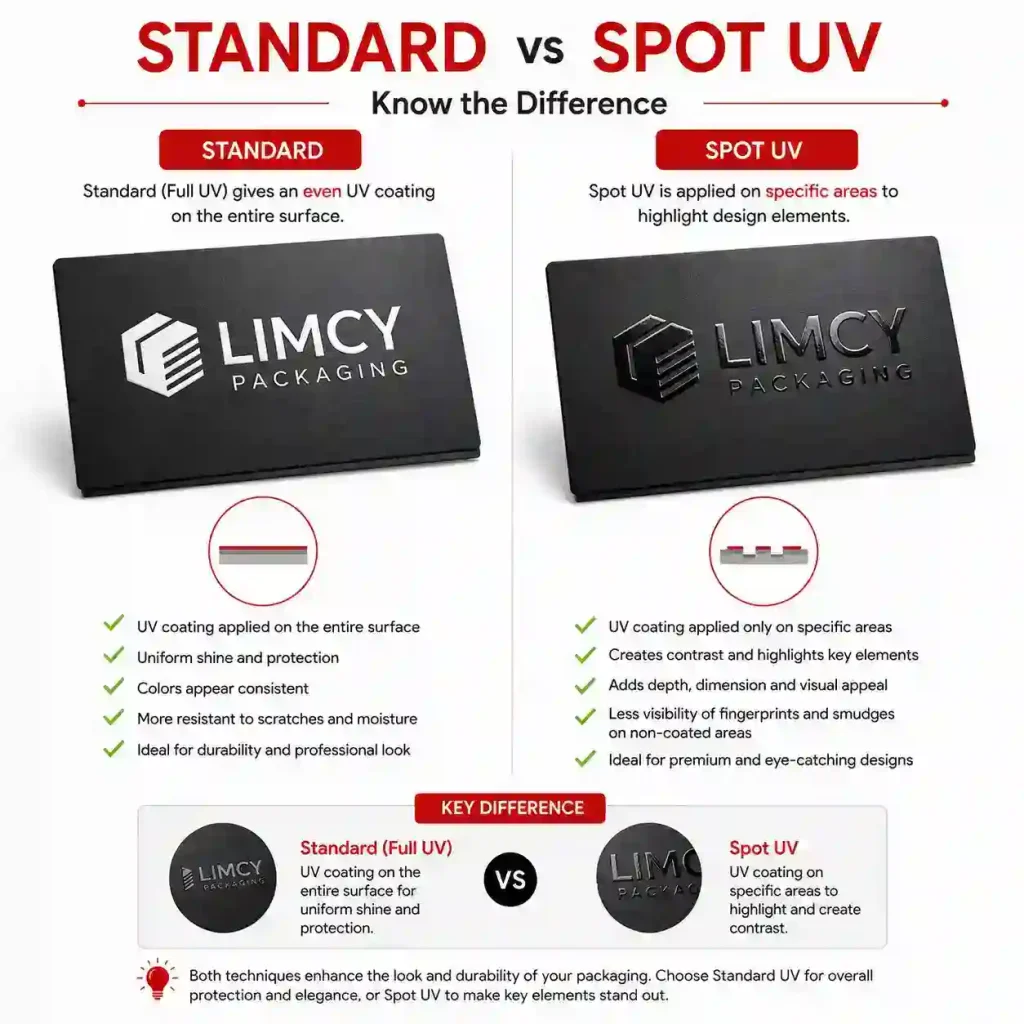 Infographic comparing standard full UV coating versus spot UV coating on Limcy Packaging boxes, showing key differences and benefits of each finish