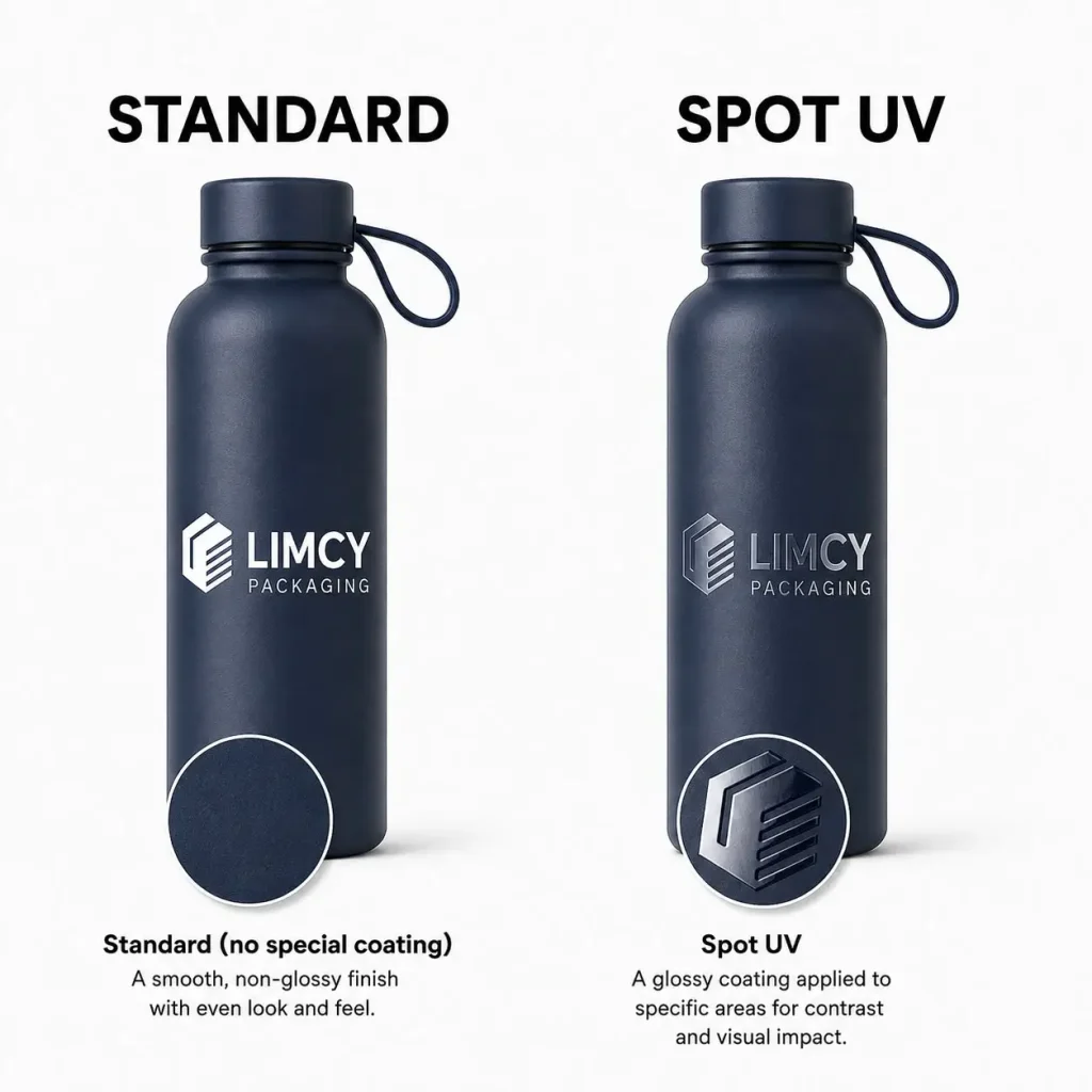 Insulated bottle packaging comparison showing standard finish versus spot UV gloss coating on logo