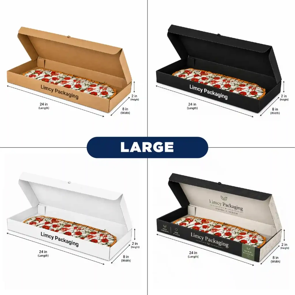 Large custom flatbread box, 24 x 8 x 2 inches, for long rectangular flatbread and pizza styles