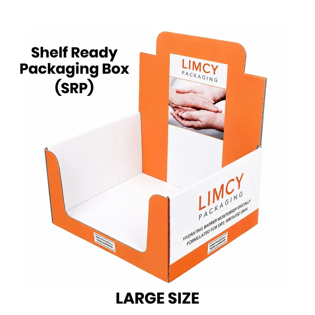 Large orange and white shelf-ready display box with a raised product header