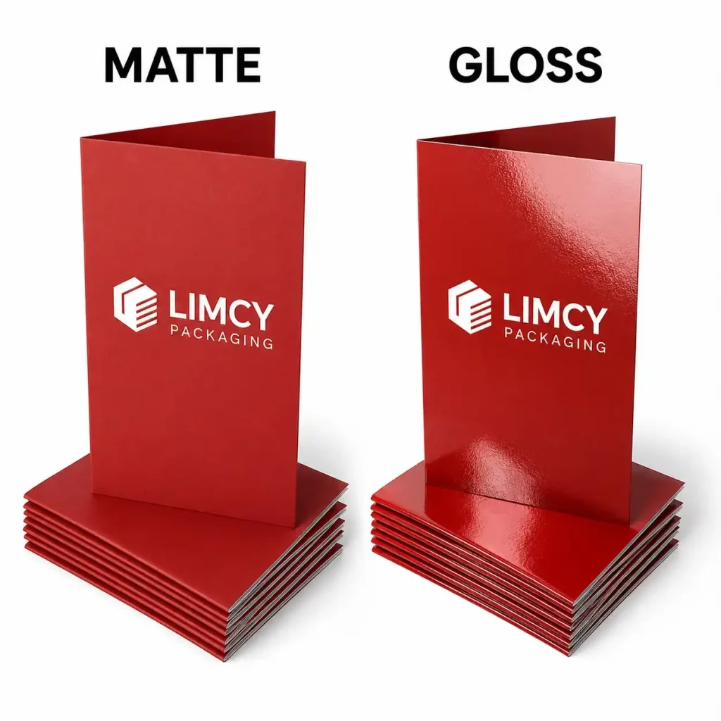 Matte vs gloss lamination shown on folded custom packaging cards