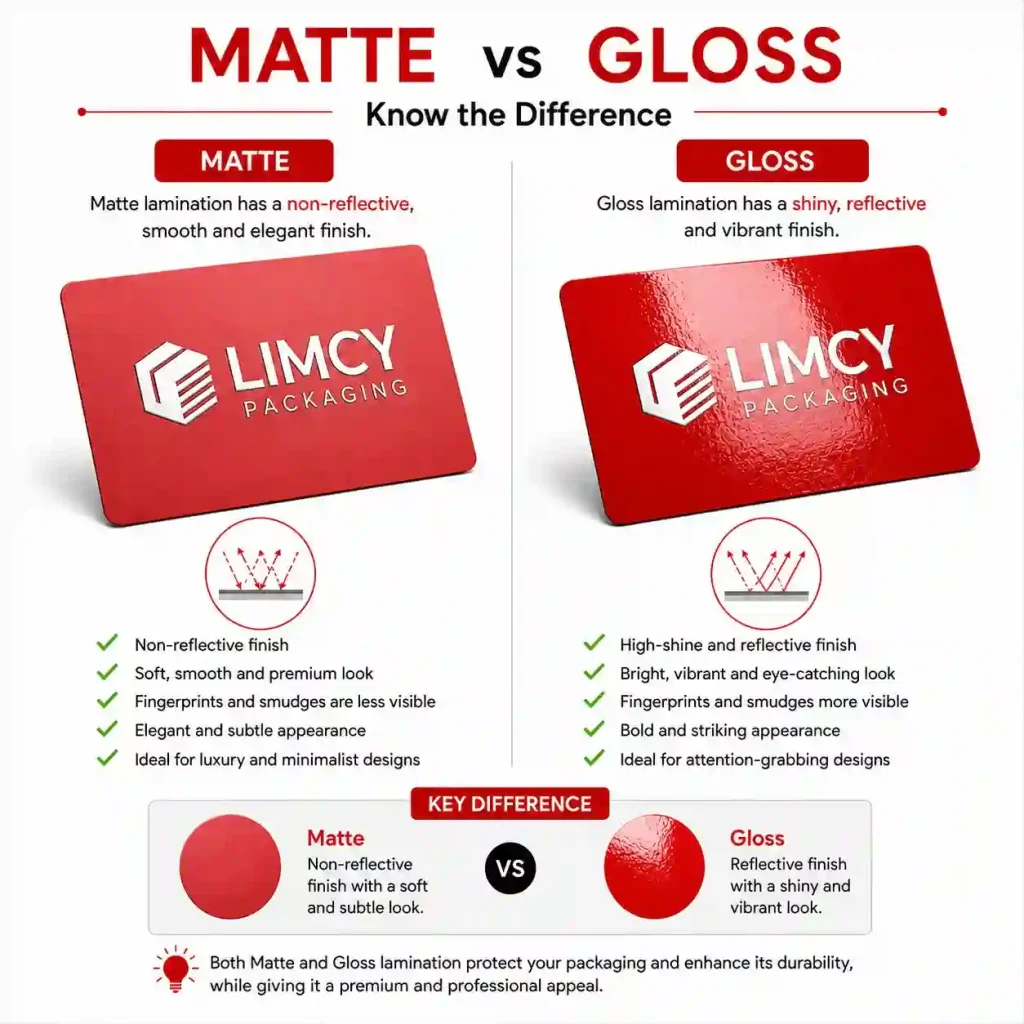 Infographic comparing matte vs glossy finish for custom packaging